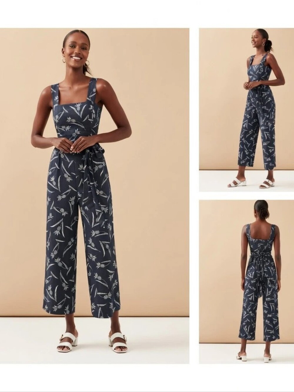 Ann Taylor Jumpsuit Womens Blue Pineapple Linen-Blend Tie Waist, Size 6